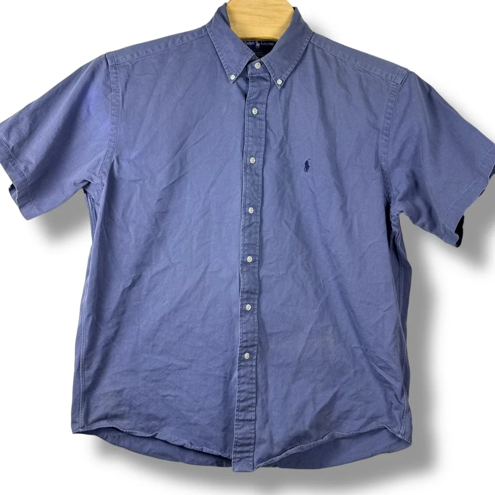 Ralph Lauren Button Down Shirt Mens L Blue Blake Cotton Short Sleeve Pony Logo‎